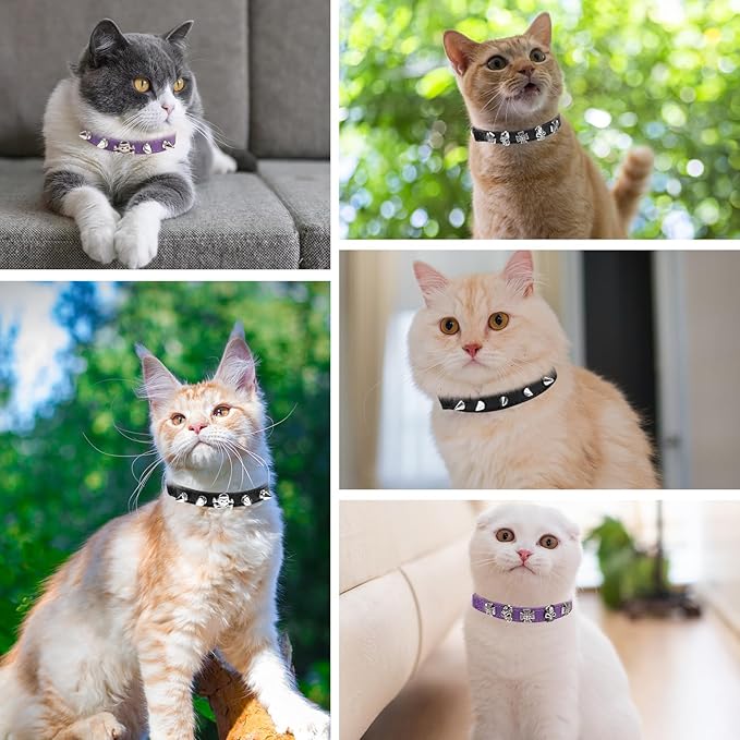 EXPAWLORER Leather Cat Collar for Girl Boy- Adjustable Pet Collar with Safety Elastic Belt,Personalized Punk Accessories Buckle Collars with Bell & Durable D-Ring, Skull(Purple)
