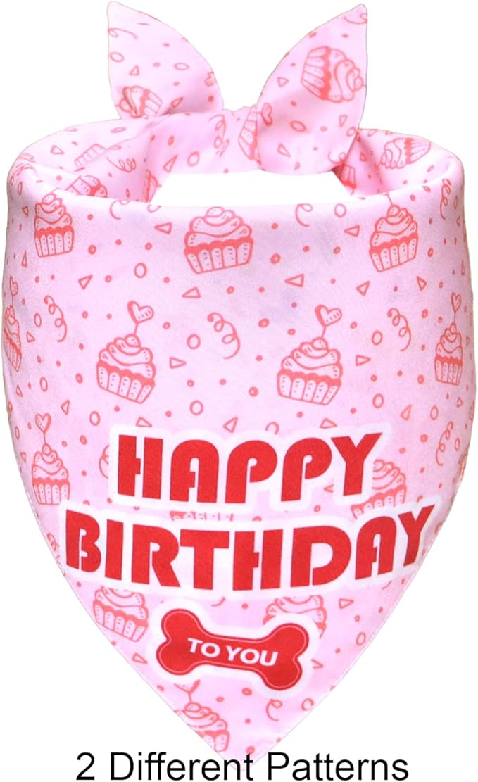 Dog Birthday Bandana Girl for Small Dogs, Reversible 2 Patterns in 1, White & Pink Confetti Scarf, Puppy Party Outfit Gift (9-14" Neck)