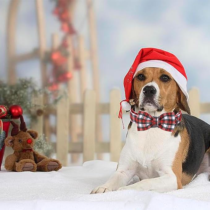 Christmas Dog Collar, Red Plaid Cotton Collars with Bow Adjustable Pet Collar Premium Metal Buckle, Christmas Puppy Necklace for Medium Girl and Boy Dogs