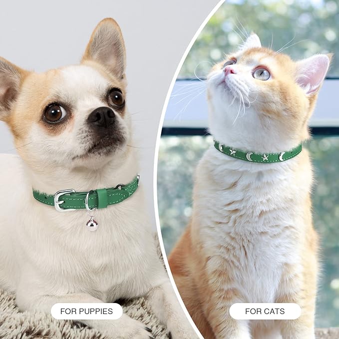 Leather Cat Collars for Boy Girl Cats with Bell and Safety Elastic Belt, Personalized Star and Moon Stud Adjustable Safe Buckle Collar for Kitty Small Big Cats Size 8-12 Inch, Green
