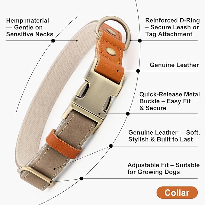 Plutus Pet Genuine Leather & Hemp Dog Collar – Adjustable Heavy Duty Pet Collar with Quick Release Metal Buckle, Soft & Stylish for Puppy and Small, Medium, Large Dogs (Ash Brown, M)