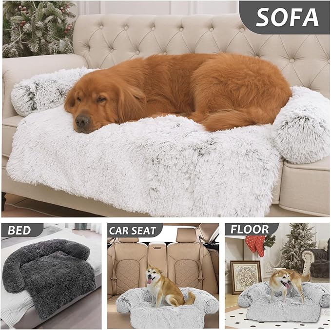 Calming Dogs/Cats Bed Mats, Dog Pad Washable Removable Couch Cover, Plush Long Fur Mat for Pets, Waterproof Lining, Perfect for Small, Medium and Large Dogs and Cats (Dark Gray, 34"x30")
