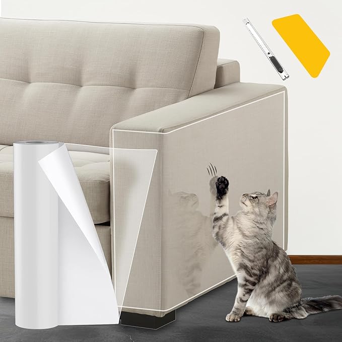 Cat Scratch Furniture Protector, Cat Scratching Mat, Trimmable Self-Adhesive Cats Claws Scratch Pads, DIY Carpet Mat Replacement for Cats Tree, Cats Wall Shelves (Transparent, 12x196.8in)