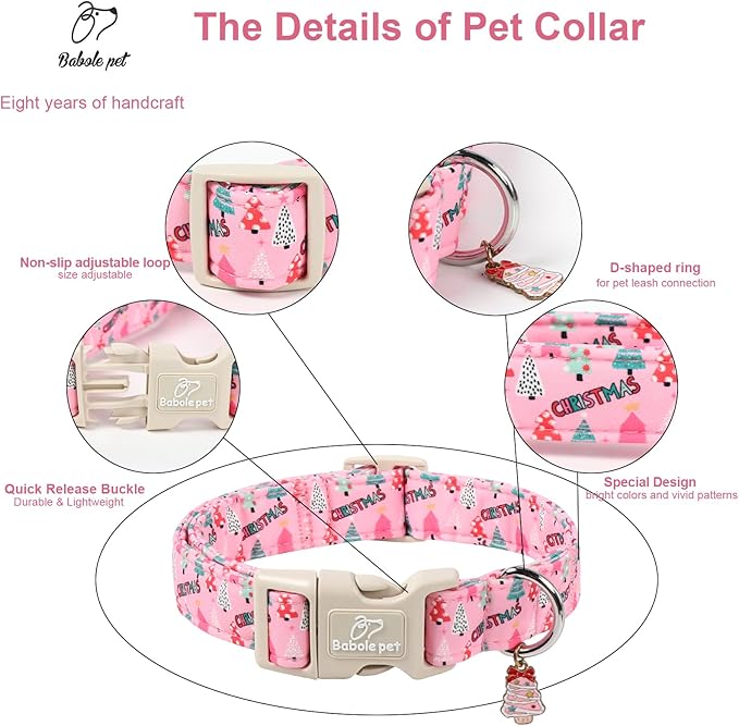 Christmas Dog Collar for Small Dogs - Cute Xmas Tree Print Pink Christmas Collars for Dogs, Soft Adjustable Winter Holiday Dog Collars with Quick Release Buckle S