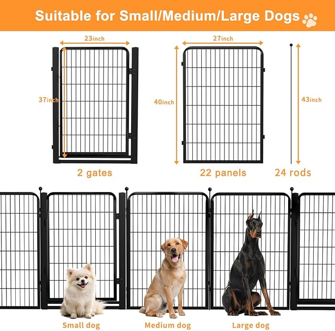 Dog Fence Outdoor Pens Outside,Portable Dog Play Pen 40" H 24 Panels Pet Playpen Exercise Pens for Puppys Small Medium Large Dogs RV Camping Yard Garden Indoor Wide Gate