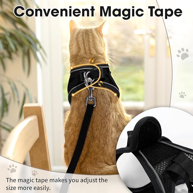 Cat Harness and Leash Set for Walking Escape Proof, Soft Adjustable Kitten Harness Breathable Mesh with Reflective Strips Harness for Kitty Puppy Bunny (Black, Small)