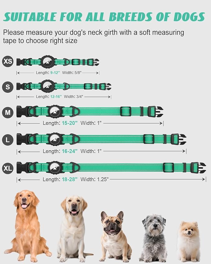 Joytale Airtag Dog Collar, Reflective Pet Collar with Waterproof AirTag Holder, Dual D-Rings, Soft Padded Adjustable for Extra Small and Puppy Dogs, Teal, XS