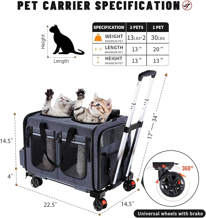 Cat Carrier for 2 Cats,Cat Carrier with Wheels for Cats and Dogs, Foldable Double Pet Carrier, Rolling Dog Carrier with Detachable Wheels and Telescopic Handle,2 Front Zippered Compartments Gray