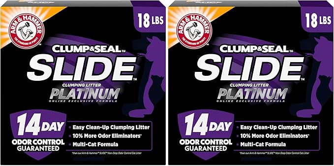 ARM & HAMMER Clump & Seal Slide Platinum Multi-Cat Clumping Cat Litter,14-Day Odor Control,EZ Clean Technology,18 lbs – No Scrubbing,Powerful Odor Eliminator,(Pack of 2)