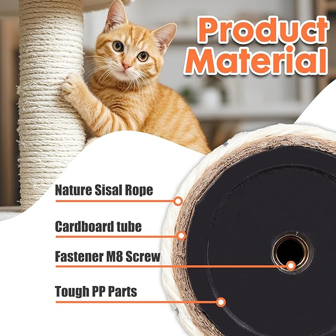PowerKing Natural Sisal Replacement Scratching Post, 4 Pieces M8 Cat Scratch Post Refill Pole Parts for Refurbishment, White, Include Screws, White, 15.74''+11.88''+7.87''+3.93''