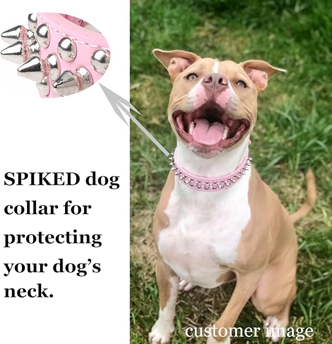 TEEMERRYCA Adjustable Leather Spiked Studded Dog Collars with a Squeak Ball Gift for Small Medium Large Pets Like Cats/Pit Bull/Bulldog/Pugs/Husky, Pink, M(12"-15")