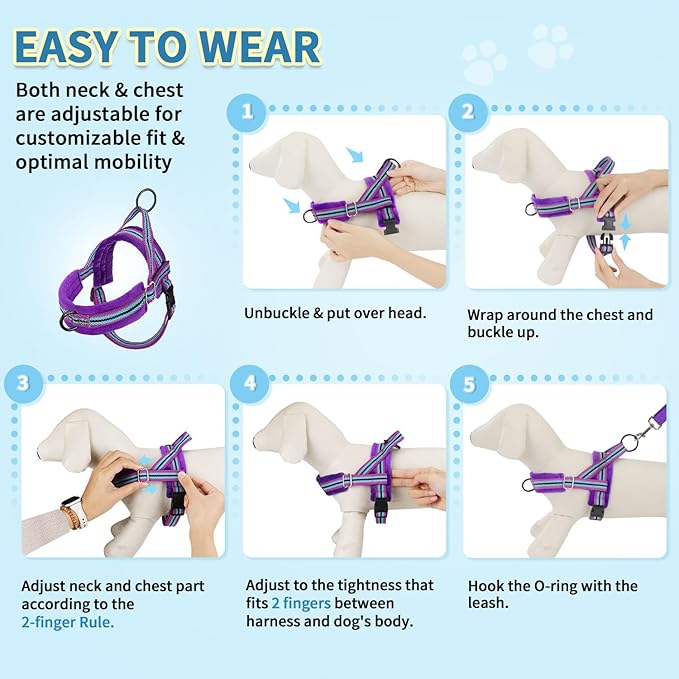 SlowTon No Pull Small Dog Harness and Leash Set, Puppy Soft Vest Harness Neck & Chest Adjustable, Reflective Lightweight Harness & Anti-Twist Pet Lead Combo for Small Medium Dogs (PU-Front Clip, XXS)