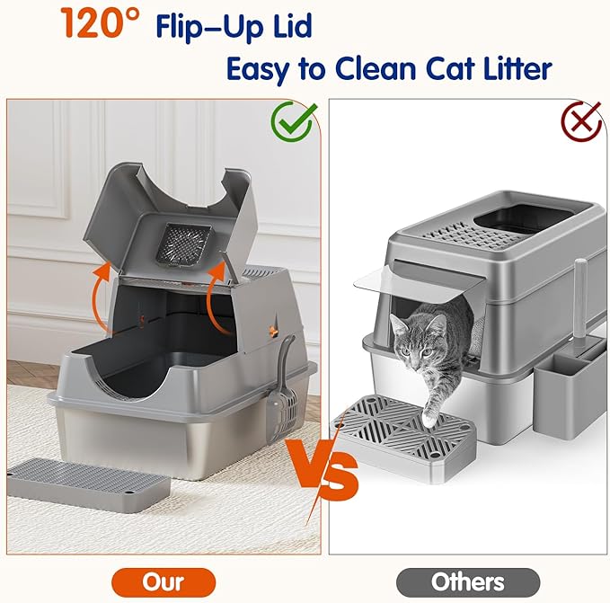 Stainless Steel Litter Box with Lid, XL Extra Large Cat Litter Box Enclosure, Front & Top Entry Covered Metal Cat Box with Steps & Scoop, Easy Cleaning