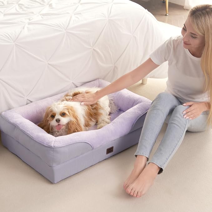 EHEYCIGA Orthopedic Dog Bed for Medium Dog, 30x20x6.5 Inch Memory Foam Dog Couch Bed with Sides, Waterproof Liner & Washable Removable Cover, Bolster Pet Sofa, Purple