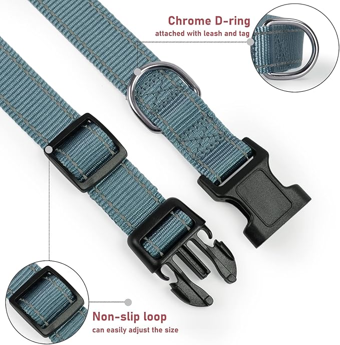 Reflective Dog Collar with Buckle Adjustable Safety Nylon Collars for Small Medium Large Dogs, Grey M