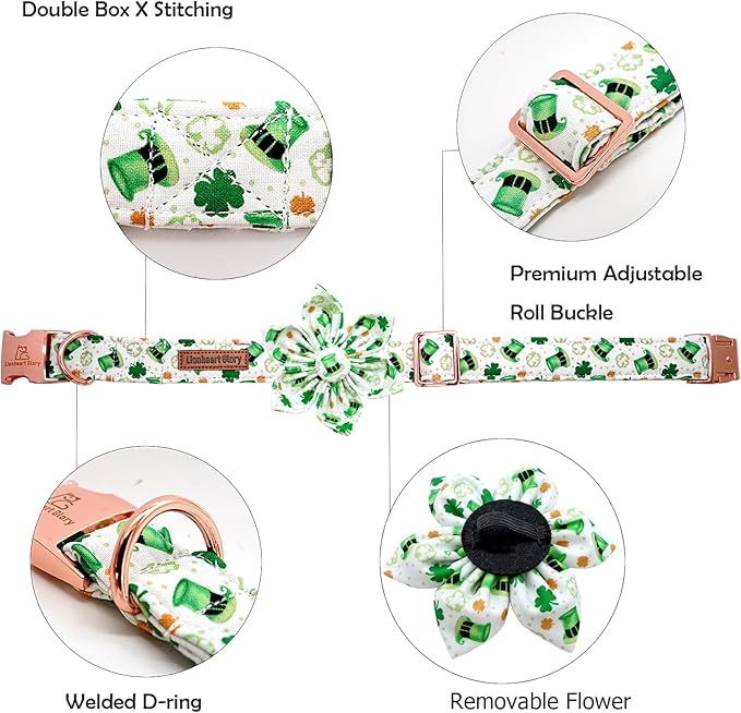 Lionheart glory St. Patrick's Day Dog Collar with Flower Dogs Collar,Soft Green Lucky Clover Shamrock Dog Collars Flower for Small Dogs Puppy Soft Collars Bows Heavy Duty