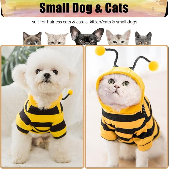 DENTRUN Sphynx Hairless Cats Costume Funny Bee Warm Winter Sweater Cute Pullover Kitten Shirts Breathable Cat Leisure Wear Turtleneck Vest Adorable Cat's Clothes Jacket Pajamas Jumpsuit, S