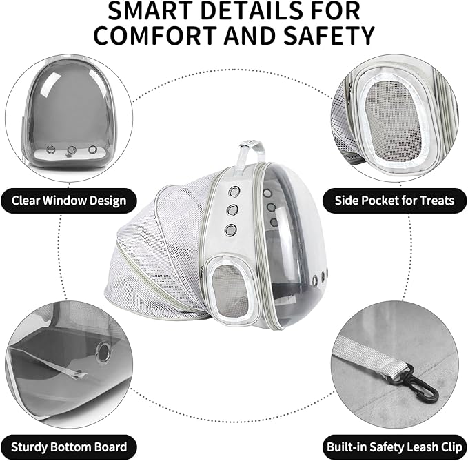 Cat Backpack Carrier, Back Expandable Pet Backpack with Bubble Window, Airline Approved Pet Travel Bag for Small/Medium Cats & Puppies, Hiking, Camping, Outdoor Use (Grey)