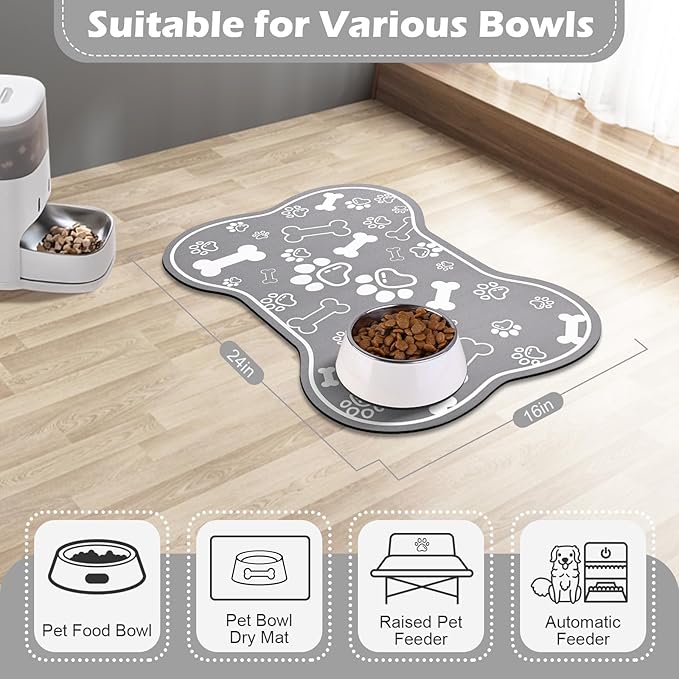 Dog Cat Food Mat,Rapid Absorbent Pet Feeding Mat, Bone Shaped Dog Placemat Water Bowl Mat with Rubber Backing,No Stains Dog Cat Food Mats Indoor, Pet Accessories Supplies 16"×24" Grey