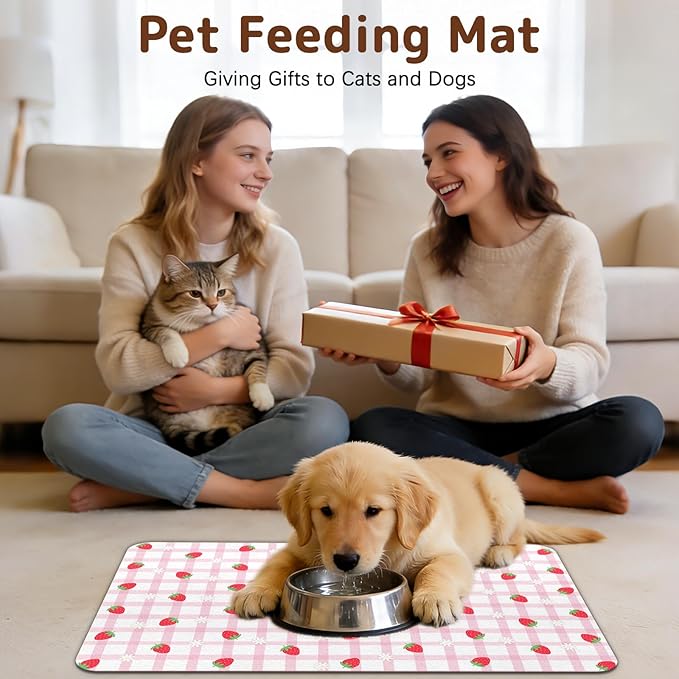 Dog Food Mat for Bowls, Absorbent Quick Dry Dog Cat Mats for Food and Water, Non-Slip Backing Pet Mat Pet Supplies - Strawberry Pattern