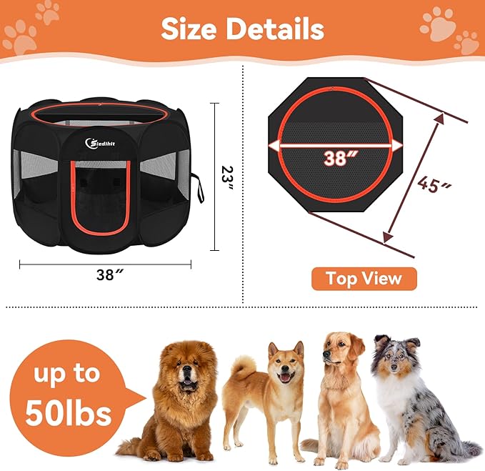 Dog Playpen, Large Puppy Pet Playpen, Dog Crate Tent Cage Indoor/Outdoor, Portable Pop Up Dogs Kennel Playpen with Carrying Case for Dogs/Cats/Rabbitss, Black