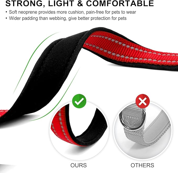 azuza Reflective Dog Collar,Soft Neoprene Padded Pet Collar with ID Tag Ring,Adjustable for Medium Dogs,Red,M