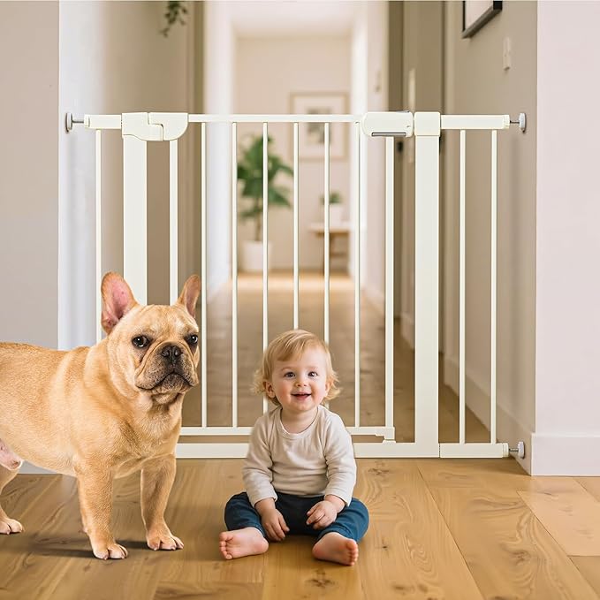 29.5-40.6" Magnetic Baby Gate for Stairs, Pressure Mounted Dog Gate Indoor, Auto Close Pet Gate for Doorways No Drilling, Easy Install Baby Essentials with Large Walk Thru Door, White