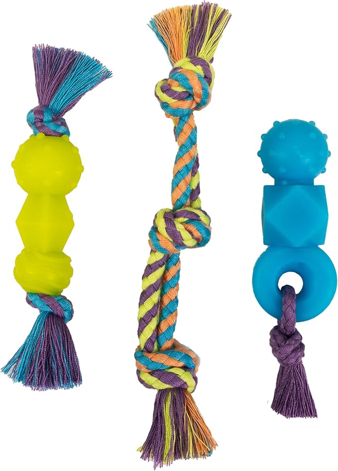 Outward Hound Pupstages Mini Dentachew Pack Dental Chew Toy, Multi-Textured, Fetch & Tug Rope, Puppies & Small Dogs, 7", 3-Pack