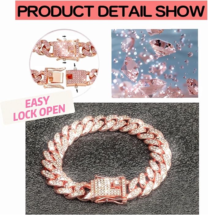 Cuban Link Dog Chain Collar Rose Gold Crystal Dog Necklace Metal with Design Secure Buckle Pet Collar Jewelry Accessories for Small Medium Large Dogs Cats(Rose Glod 22inch)
