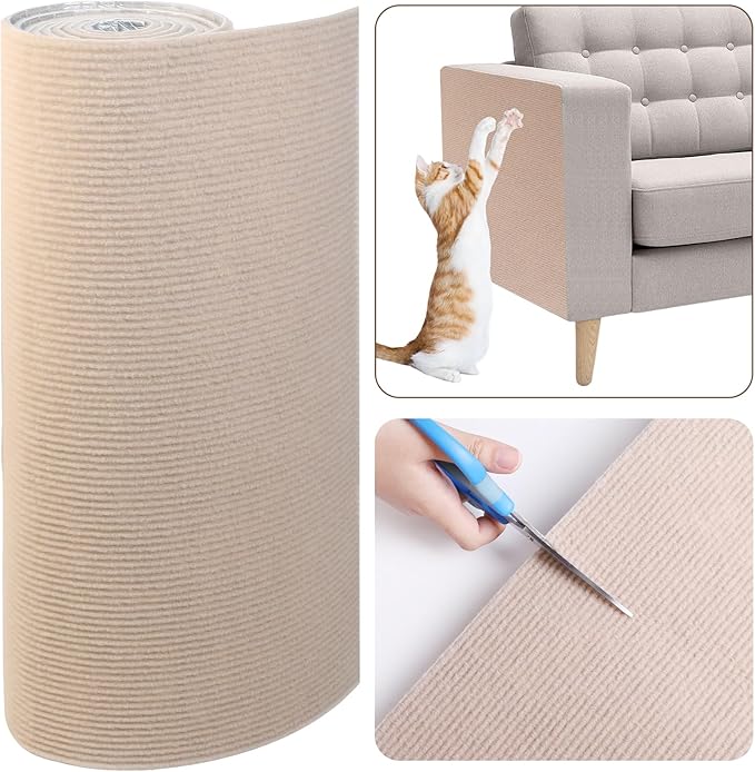 Cat Scratch Furniture Protector, 78.7"x15.8" Cat Scratching Mat, Trimmable Self-Adhesive Cats Claws Scratch Pads, DIY Carpet Mat Replacement for Cats Tree, Cats Wall Shelves, Khaki