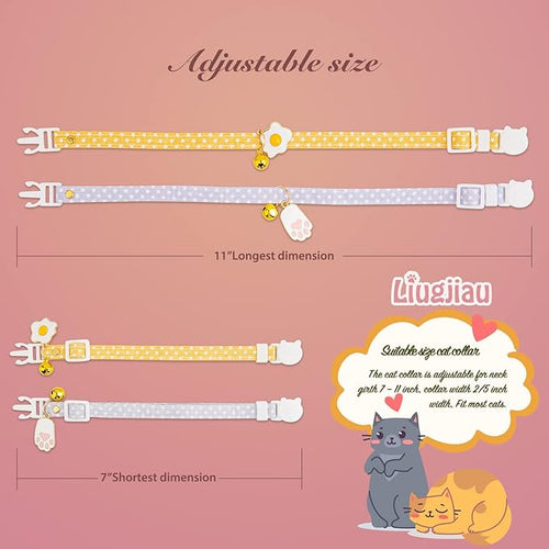 2 Pack Cotton Breakaway Cat Collar with Bell Yellow & Purple Egg Paw Pendant Cute Kitten Cat Collar Suitable for Girls and Boys