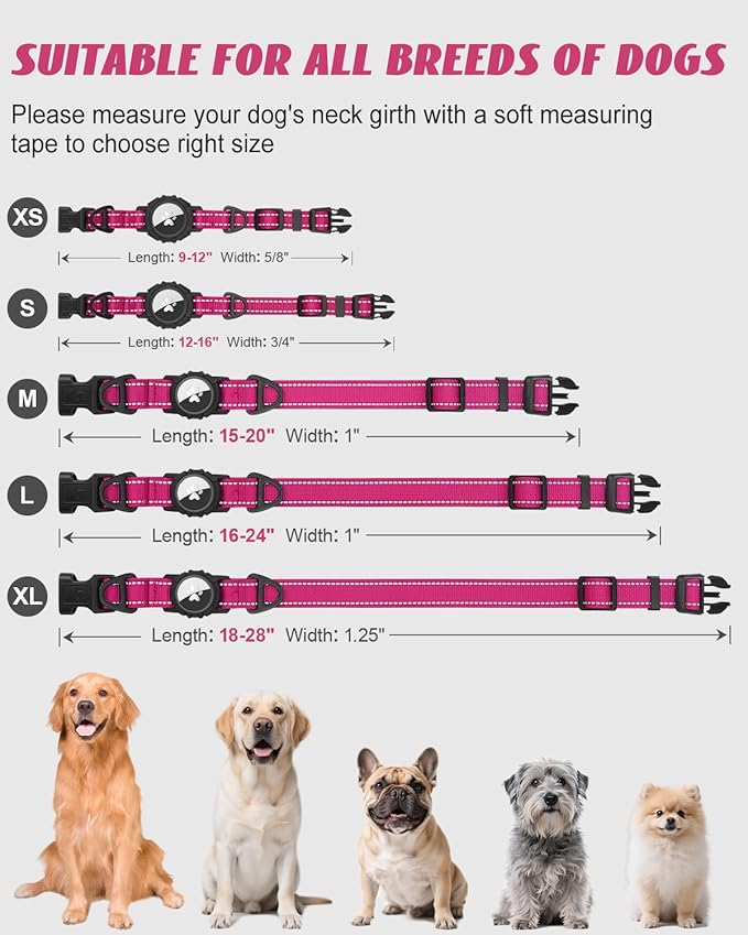 Joytale Airtag Dog Collar, Reflective Pet Collar with Waterproof AirTag Holder, Dual D-Rings, Soft Padded Adjustable for Extra Large Dogs, Hotpink, XL
