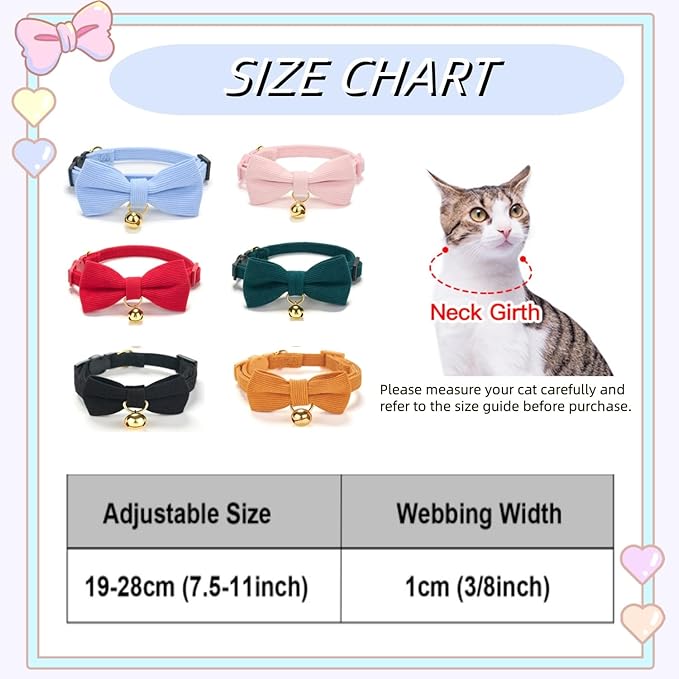 Soft Corduroy Cat Collar with Bell and Bowtie, Safety Breakaway Clasp, Adjustable for Kitten and Cats Red Color.