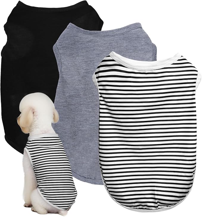 3 Pcs Cat Shirts Solid Color Dog Clothes Summer Sleeveless Stripe Pet T Shirts for Small Pet Dogs Cats (Black, Medium)