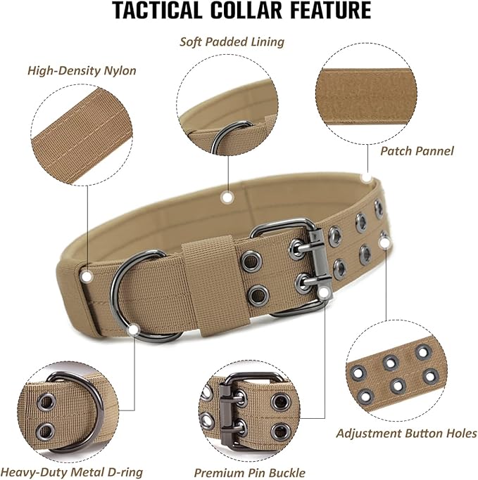 Tactical Dog Collar Military Adjustable Dog Collars Soft Nylon Training Collar with Patch Heavy Duty Metal Buckle Collars for Medium Large Dogs (Brown, L)