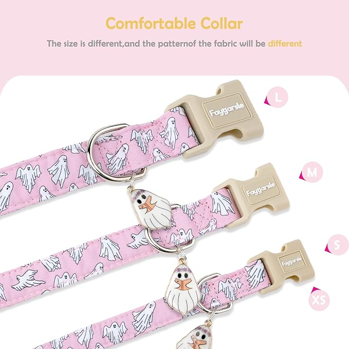 Faygarsle Pink Ghost Pattern Dog Collar with Charm, Halloween Pet Necklace, Adjustable Collar for Small Medium Large Dogs XS