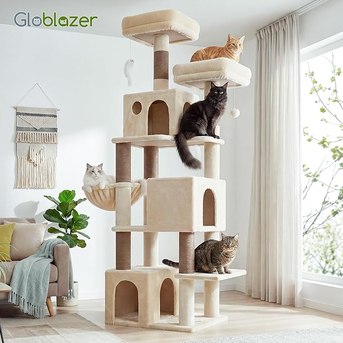 Globlazer Cat Tree Tall, 71 inches Cat Tower for Indoor Adult Cats Multi-Level 3 Condos for Indoor Cats XL Cat Tree Tower with Scratching Posts, Soft Extra Large Hanging Basket, F71, Beige