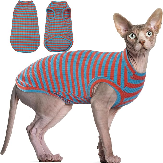 BRKURLEG Hairless Cats T Shirt, Cat Sweaters, Pullover Kitten Shirts, Sleeveless Round Collar Cotton Vest for Cornish Rex Devon Rex Peterbald and Small Dogs Sweater(OrangeBlue Stripes, S)
