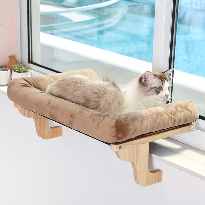 Zakkart Cat Perch for Window Sill with Bolster - Orthopedic Hammock Design with Premium Hardwood & Robust Metal Frame - Cat Window Seat for Large Cats and Kittens - Natural Color Wood Brown Bed, 24''W