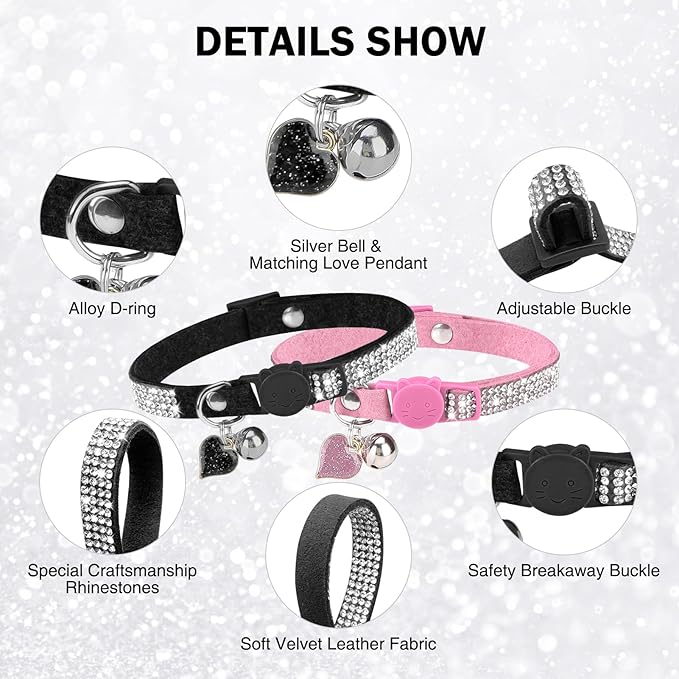 Rhinestone Cat Collar Breakaway with Bell, Diamond Cat Collar with Safety Buckle Quick Release for Girl Boy Small Kitten Pets Puppy,Cute Soft Female Male Cat Collars,Color Pink & Black 8-12"