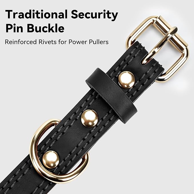 Joytale Genuine Leather Dog Collar for Large Dogs, Heavy Duty Thick Solid Leather for Power Breeds, Sturdy Adjustable Pet Collar with Metal Pin Buckle, Durable for Daily Walking, Black, XL