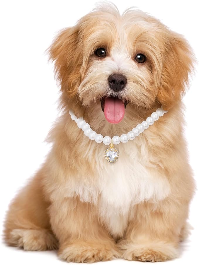 2pcs Cat Pearl Collar with Heart Pendant, Cute Pearl Pet Necklace in Small, Adjustable Wedding Party Small Dog Jewelry Accessories for Puppy Kitten- White & Red