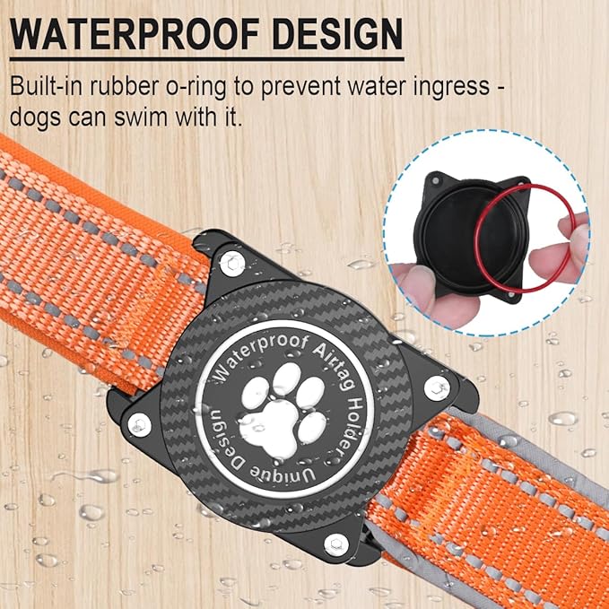 Airtag Dog Collar with Waterproof Air Tag Holder, Luminous Reflective, Soft Padded, Adjustable Nylon Pet Collar for Small Medium Large Heavy Duty Dogs,Orange, L