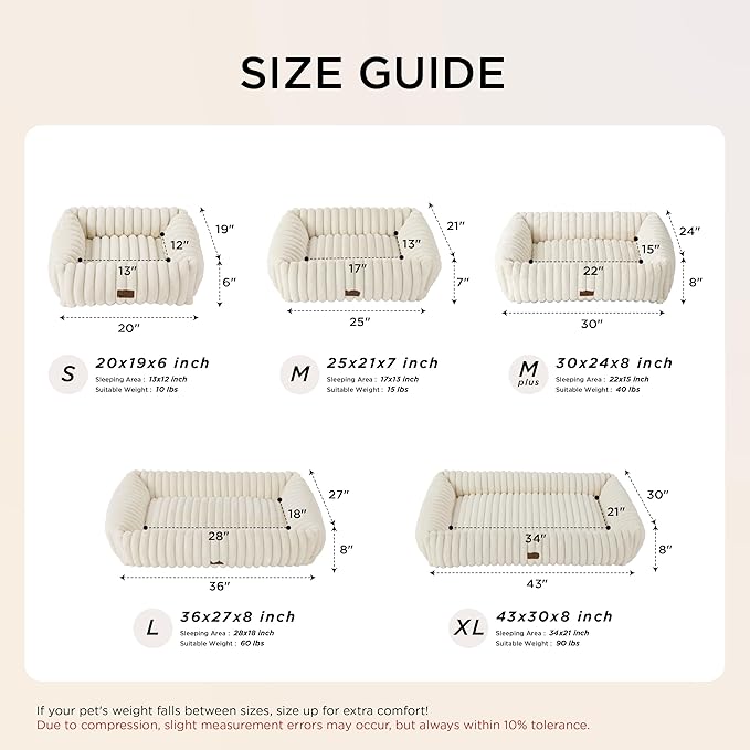 Bedsure ComfyFleece™ Cute Dog Bed for Small Dogs & Cats - Washable Furry Cat Beds, Rectangle Orthopedic Corduroy Fleece Puppy Beds with Removable Zipper Cover, 20x19x6inches, Cream