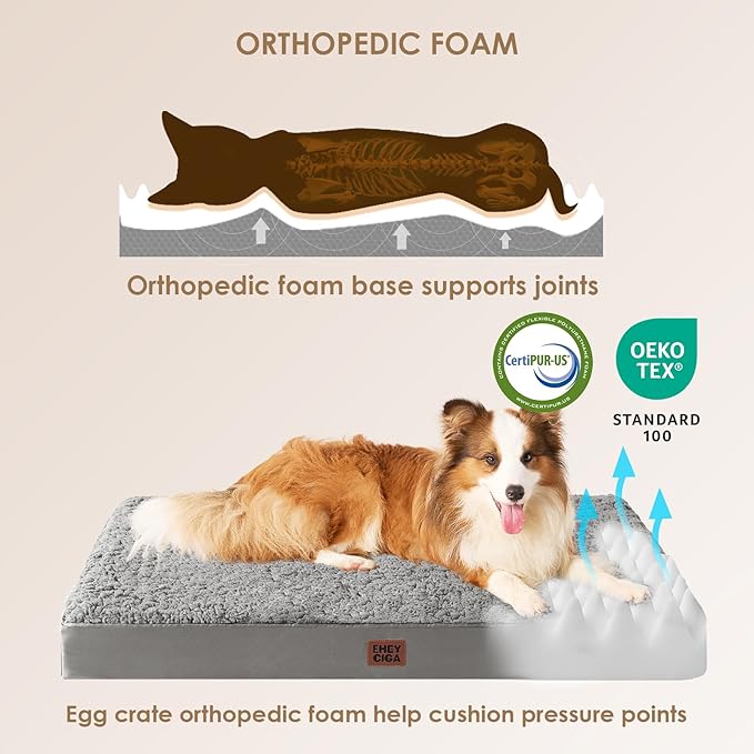 EHEYCIGA Orthopedic Foam Dog Bed, Medium, 30"L x 20"W x 3.5"Th, Light Grey