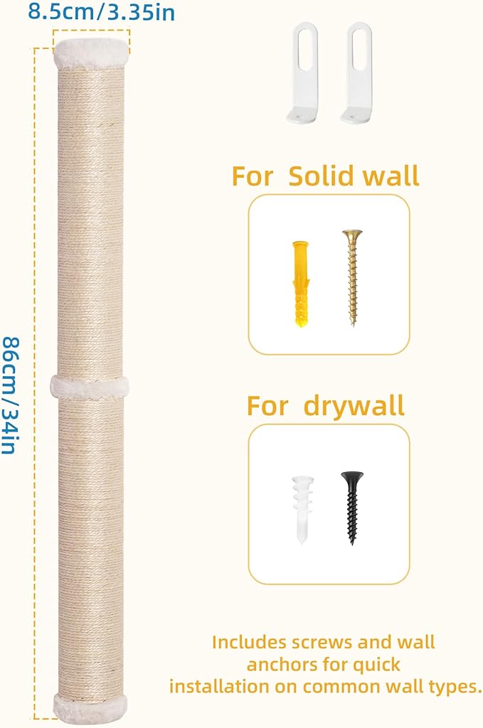 68" Cat Wall Scratcher, 2-Pcs of 34inch Tall Sisal Scratching Posts, Wall Mounted Cat Pole for Indoor Large Adult Cats Climb Stretch Play