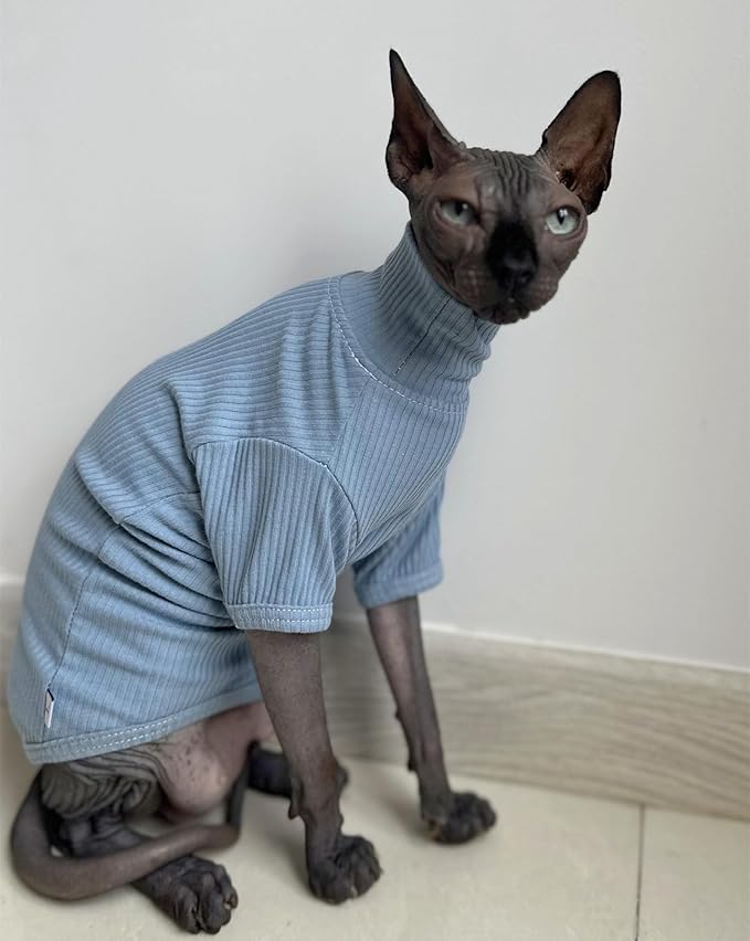 Sphynx Hairless Cats Shirt Cotton Cat Turtleneck Sweater Pullover Kitten T-Shirts with Sleeves Cat Pajamas Jumpsuit for Sphynx Cornish Rex, Devon Rex, Peterbald (Sky Blue, XX-Large (Pack of 1))