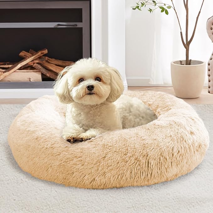 JOLLYVOGUE Calming Dog Bed for Small Dogs - 23 inches Donut Washable Small Dog Bed for Kittens & Puppies, Anti-Slip Round Fluffy Plush Faux Fur Cat Beds (Fits up to 25 lbs Pets, Off White)