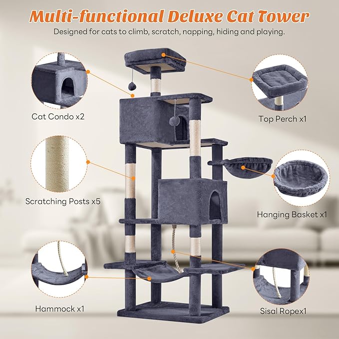 Sweetcrispy 66 inch Cat Tree Tower, Large Multi Level Cat Climbing Tower with Condo, Natural Sisal Scratching Posts, Extended Platform, Hammock, Pet House for Indoor Cats and Kittens Play, Dark Grey