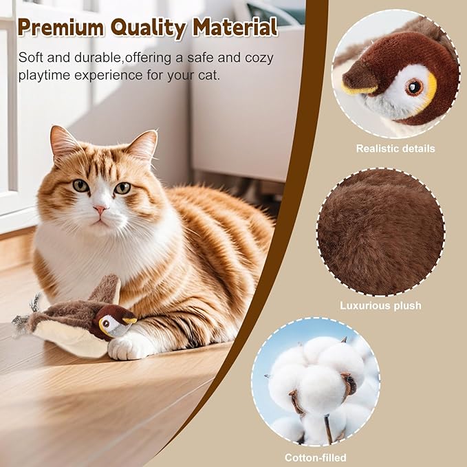 Chirping Bird Cat Toy - Interactive Flapping Bird Cat Toy for Indoor Cats, Simulated Rechargeable Flappy Sparrow with Catnip Pouch